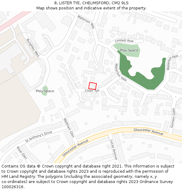 8, LISTER TYE, CHELMSFORD, CM2 9LS: Location map and indicative extent of plot