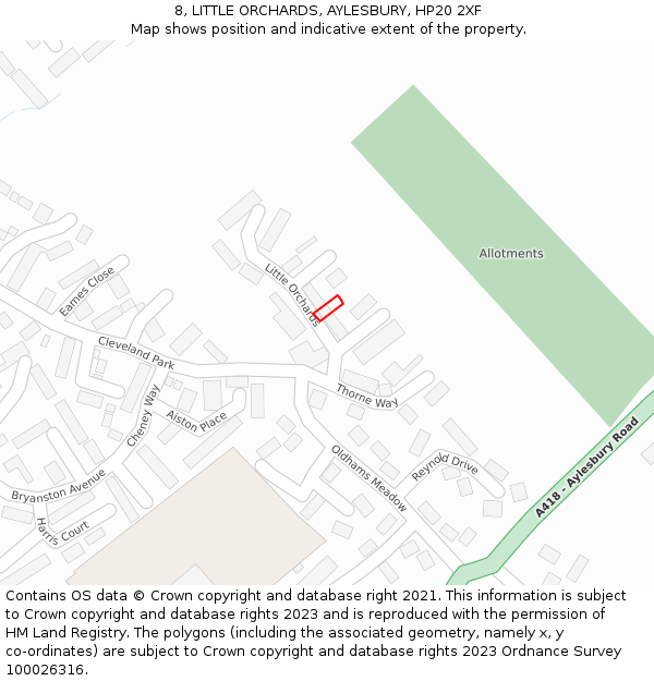 8, LITTLE ORCHARDS, AYLESBURY, HP20 2XF: Location map and indicative extent of plot