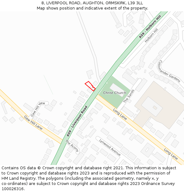 8, LIVERPOOL ROAD, AUGHTON, ORMSKIRK, L39 3LL: Location map and indicative extent of plot
