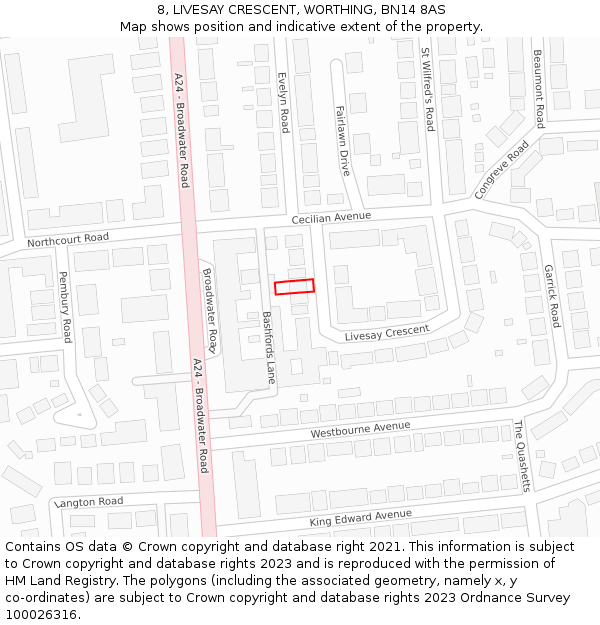 8, LIVESAY CRESCENT, WORTHING, BN14 8AS: Location map and indicative extent of plot