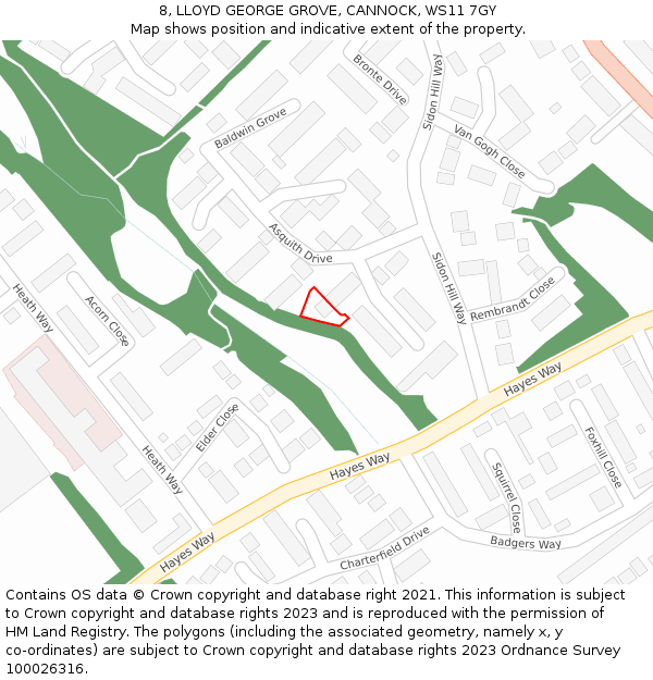 8, LLOYD GEORGE GROVE, CANNOCK, WS11 7GY: Location map and indicative extent of plot