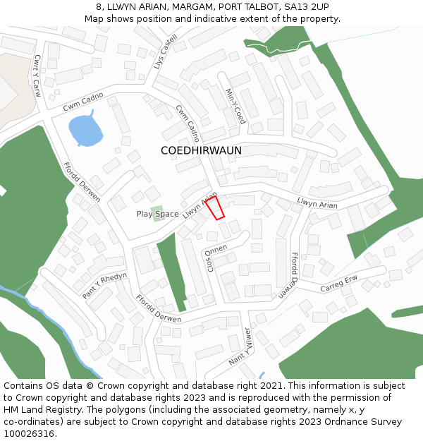 8, LLWYN ARIAN, MARGAM, PORT TALBOT, SA13 2UP: Location map and indicative extent of plot