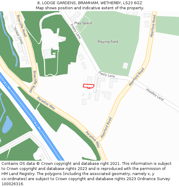 8, LODGE GARDENS, BRAMHAM, WETHERBY, LS23 6GZ: Location map and indicative extent of plot