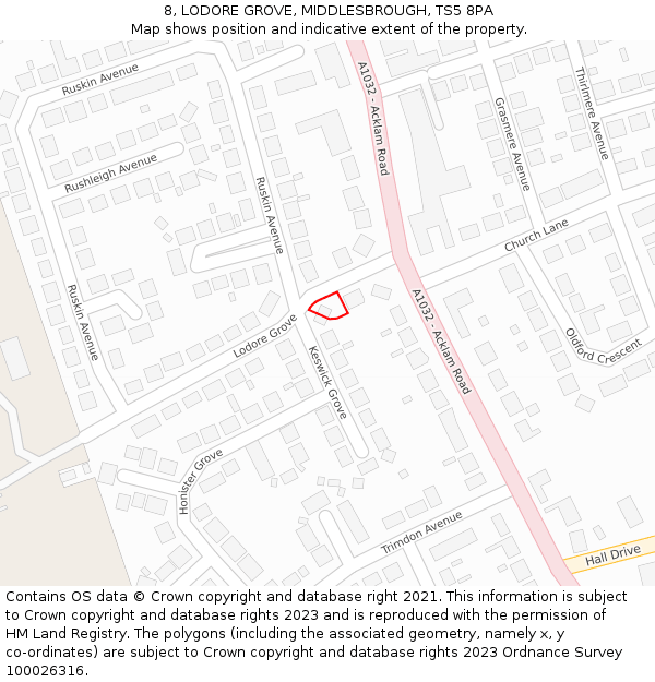 8, LODORE GROVE, MIDDLESBROUGH, TS5 8PA: Location map and indicative extent of plot