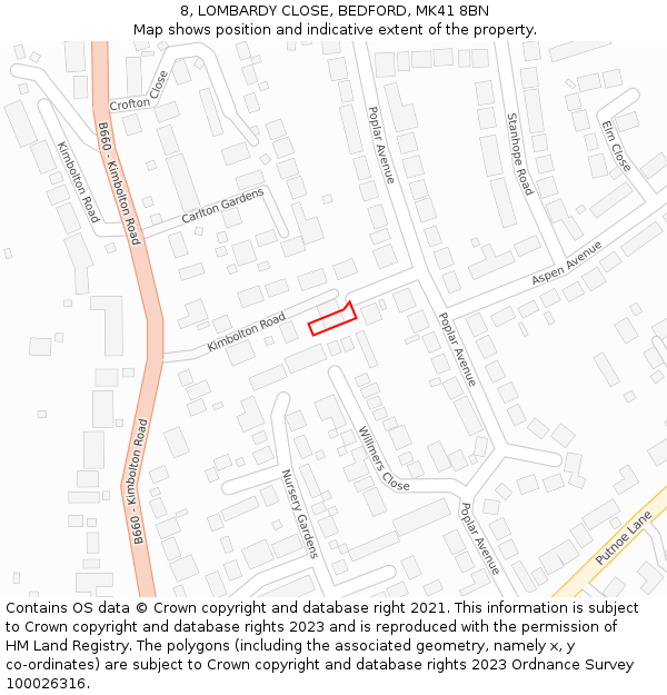 8, LOMBARDY CLOSE, BEDFORD, MK41 8BN: Location map and indicative extent of plot