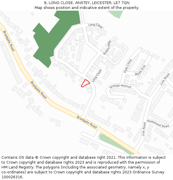 8, LONG CLOSE, ANSTEY, LEICESTER, LE7 7QN: Location map and indicative extent of plot