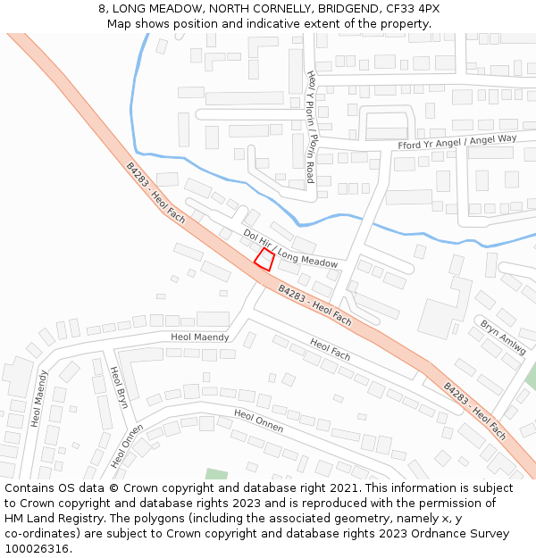 8, LONG MEADOW, NORTH CORNELLY, BRIDGEND, CF33 4PX: Location map and indicative extent of plot