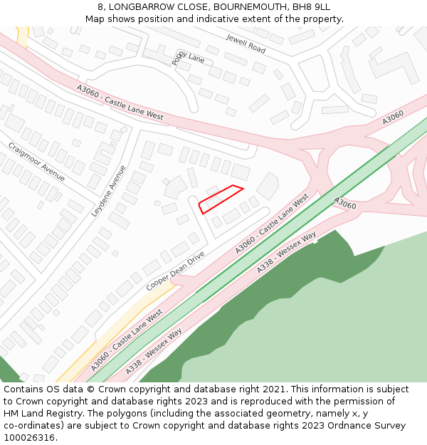 8, LONGBARROW CLOSE, BOURNEMOUTH, BH8 9LL: Location map and indicative extent of plot