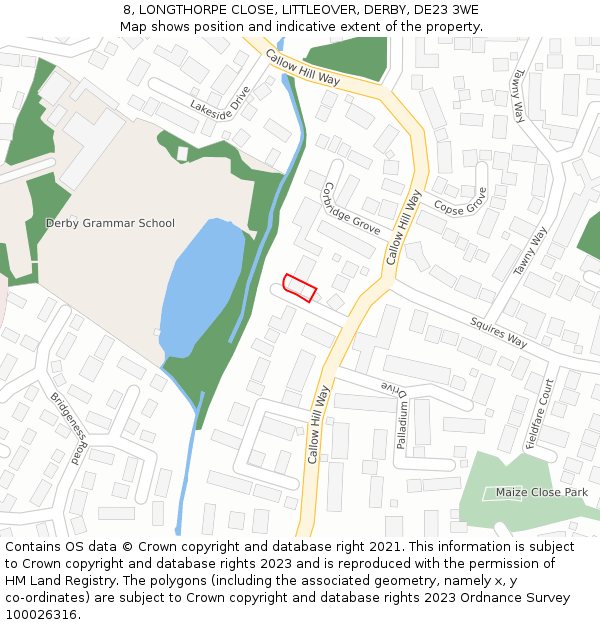 8, LONGTHORPE CLOSE, LITTLEOVER, DERBY, DE23 3WE: Location map and indicative extent of plot