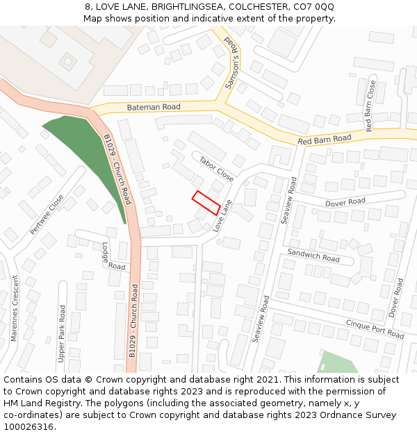 8, LOVE LANE, BRIGHTLINGSEA, COLCHESTER, CO7 0QQ: Location map and indicative extent of plot