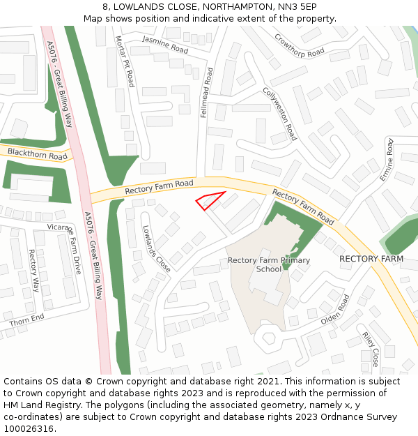 8, LOWLANDS CLOSE, NORTHAMPTON, NN3 5EP: Location map and indicative extent of plot