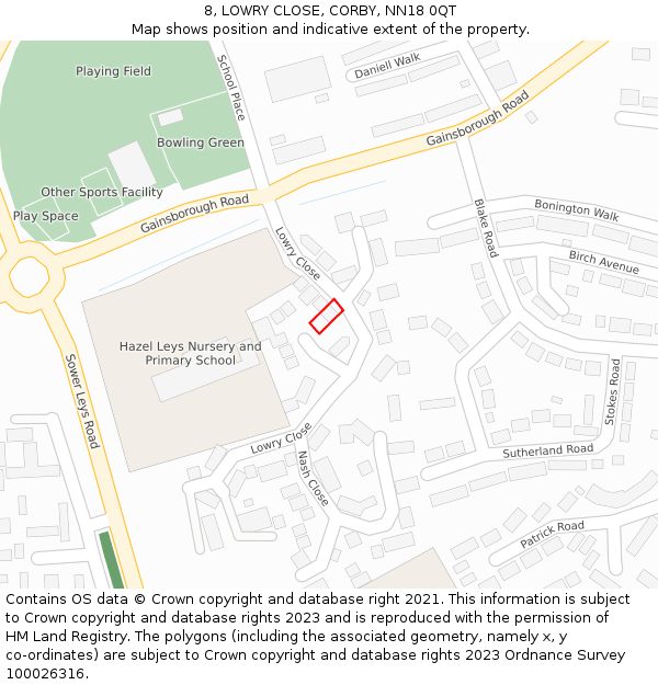 8, LOWRY CLOSE, CORBY, NN18 0QT: Location map and indicative extent of plot