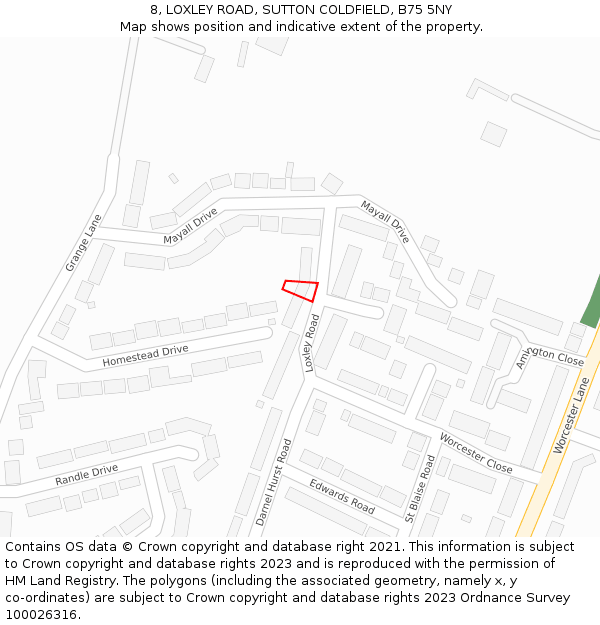 8, LOXLEY ROAD, SUTTON COLDFIELD, B75 5NY: Location map and indicative extent of plot