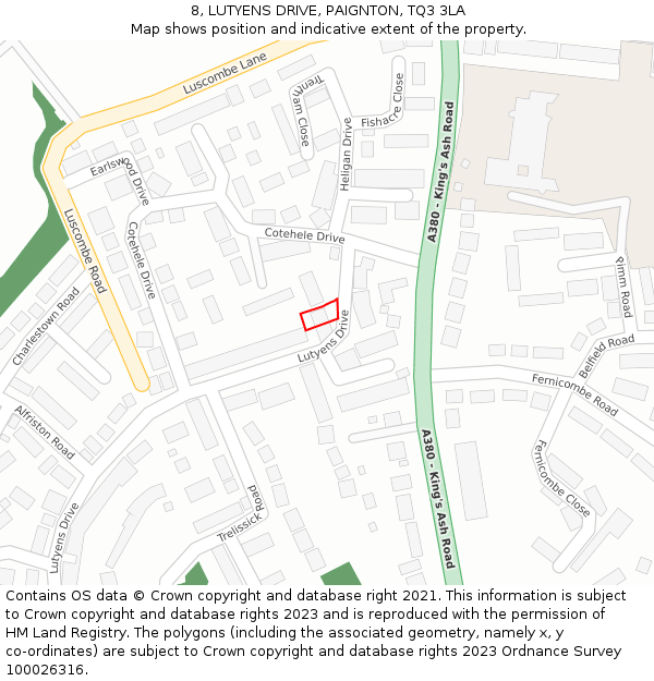 8, LUTYENS DRIVE, PAIGNTON, TQ3 3LA: Location map and indicative extent of plot