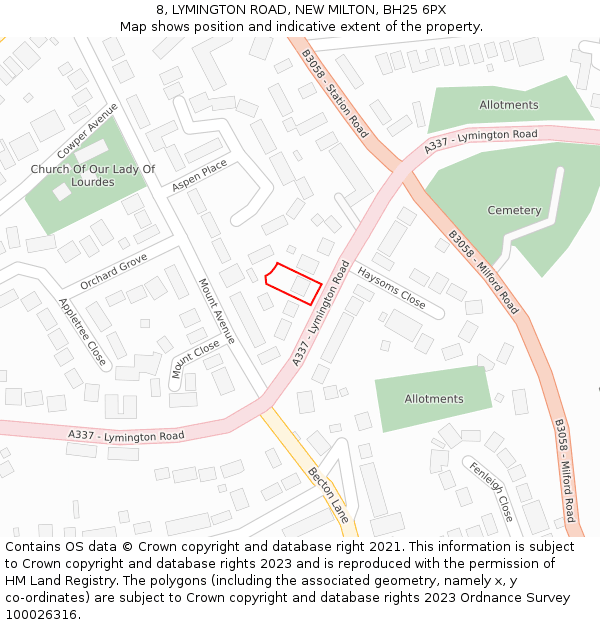 8, LYMINGTON ROAD, NEW MILTON, BH25 6PX: Location map and indicative extent of plot