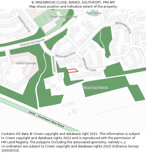 8, MAESBROOK CLOSE, BANKS, SOUTHPORT, PR9 8FF: Location map and indicative extent of plot