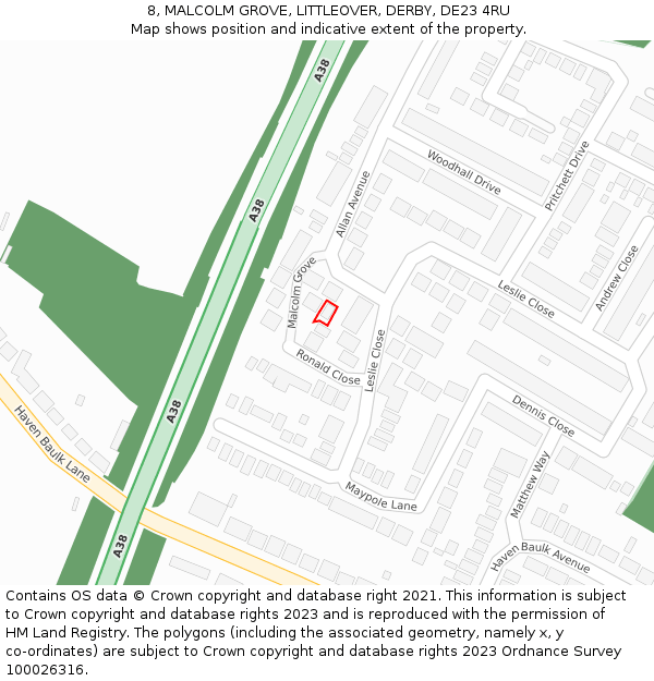 8, MALCOLM GROVE, LITTLEOVER, DERBY, DE23 4RU: Location map and indicative extent of plot