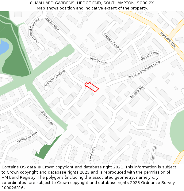 8, MALLARD GARDENS, HEDGE END, SOUTHAMPTON, SO30 2XJ: Location map and indicative extent of plot