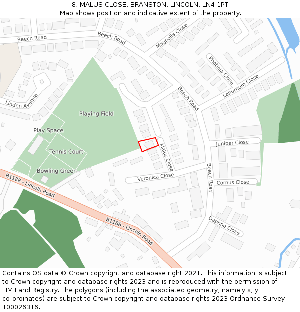 8, MALUS CLOSE, BRANSTON, LINCOLN, LN4 1PT: Location map and indicative extent of plot