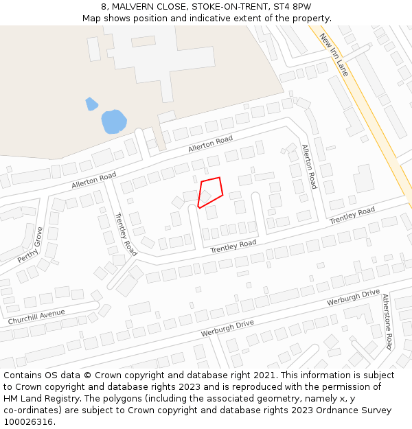 8, MALVERN CLOSE, STOKE-ON-TRENT, ST4 8PW: Location map and indicative extent of plot