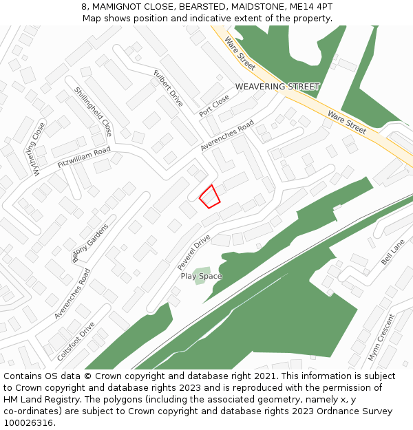 8, MAMIGNOT CLOSE, BEARSTED, MAIDSTONE, ME14 4PT: Location map and indicative extent of plot