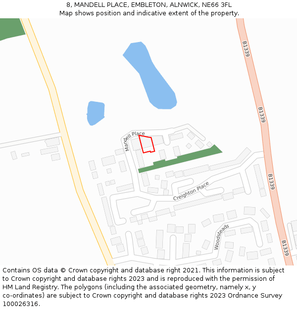 8, MANDELL PLACE, EMBLETON, ALNWICK, NE66 3FL: Location map and indicative extent of plot