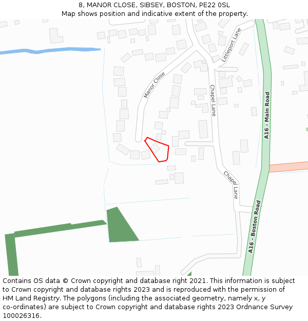 8, MANOR CLOSE, SIBSEY, BOSTON, PE22 0SL: Location map and indicative extent of plot