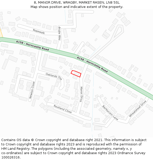 8, MANOR DRIVE, WRAGBY, MARKET RASEN, LN8 5SL: Location map and indicative extent of plot