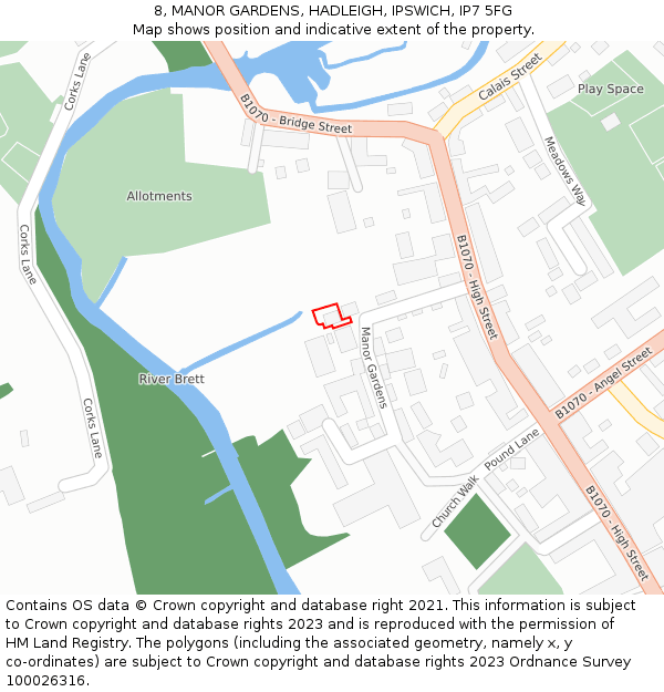 8, MANOR GARDENS, HADLEIGH, IPSWICH, IP7 5FG: Location map and indicative extent of plot