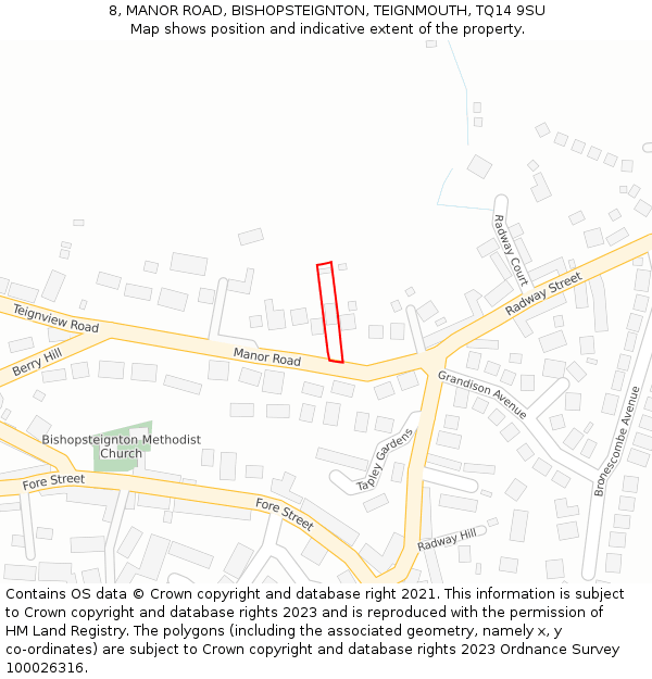 8, MANOR ROAD, BISHOPSTEIGNTON, TEIGNMOUTH, TQ14 9SU: Location map and indicative extent of plot