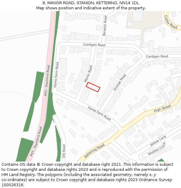 8, MANOR ROAD, STANION, KETTERING, NN14 1DL: Location map and indicative extent of plot