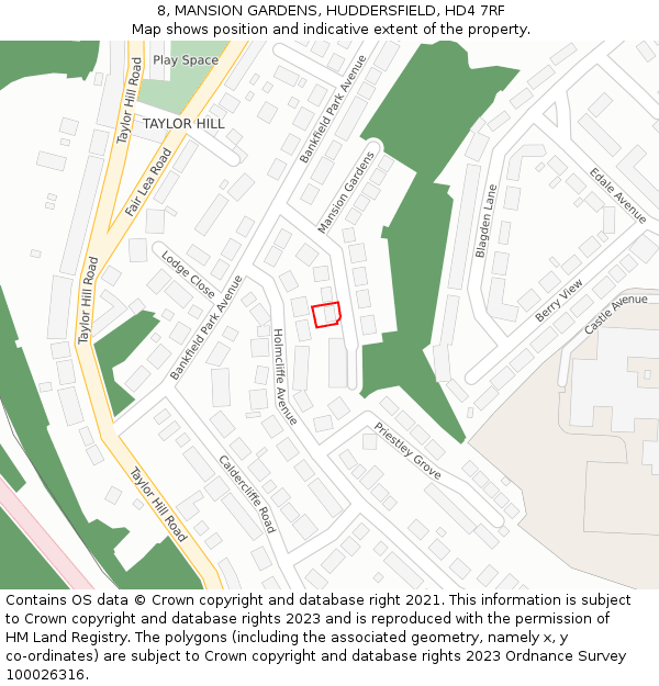 8, MANSION GARDENS, HUDDERSFIELD, HD4 7RF: Location map and indicative extent of plot
