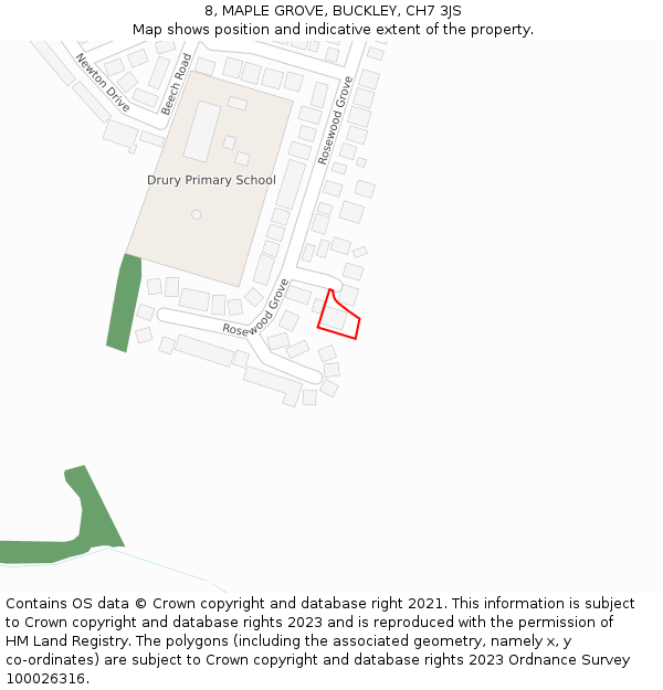 8, MAPLE GROVE, BUCKLEY, CH7 3JS: Location map and indicative extent of plot