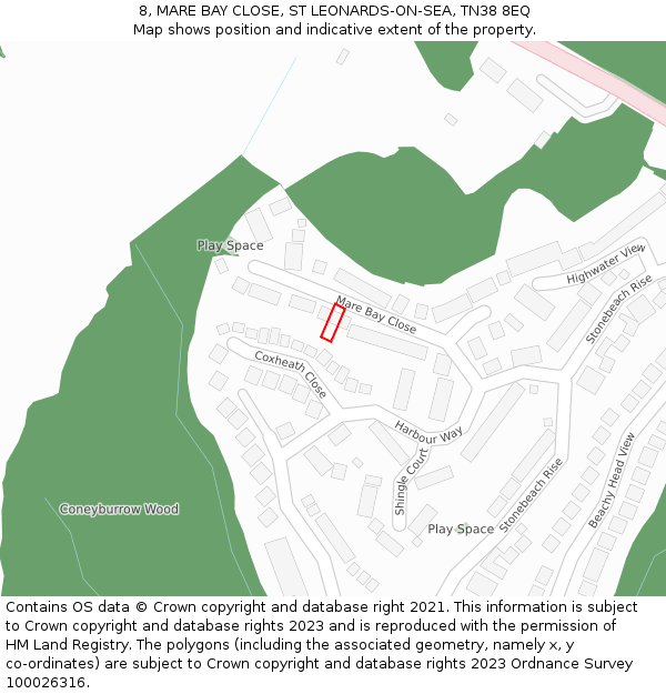 8, MARE BAY CLOSE, ST LEONARDS-ON-SEA, TN38 8EQ: Location map and indicative extent of plot