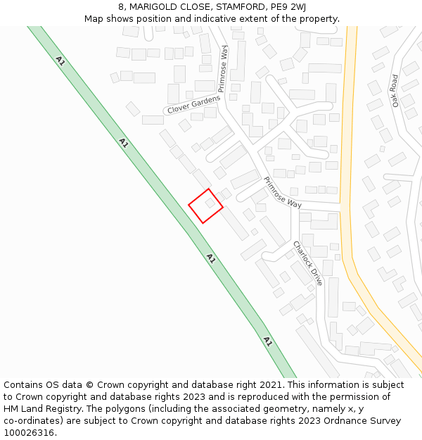 8, MARIGOLD CLOSE, STAMFORD, PE9 2WJ: Location map and indicative extent of plot