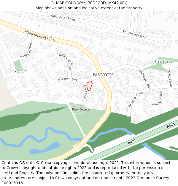 8, MARIGOLD WAY, BEDFORD, MK42 0RQ: Location map and indicative extent of plot