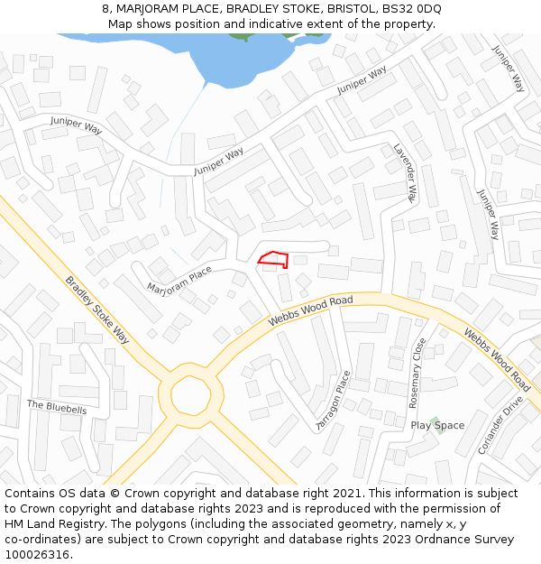 8, MARJORAM PLACE, BRADLEY STOKE, BRISTOL, BS32 0DQ: Location map and indicative extent of plot