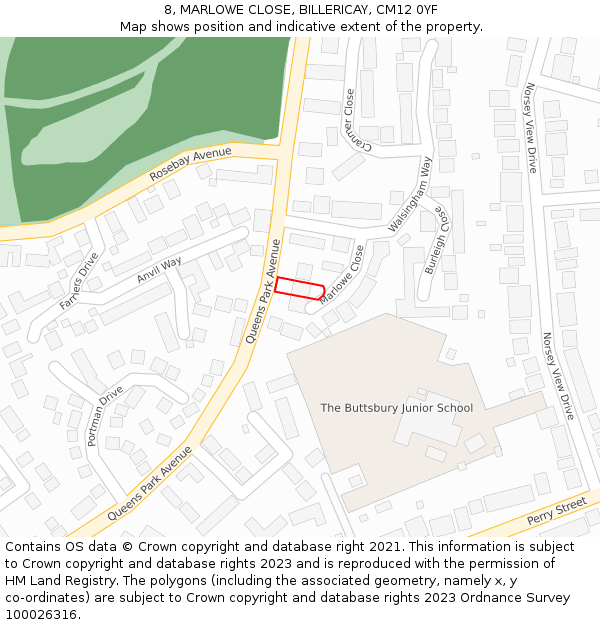 8, MARLOWE CLOSE, BILLERICAY, CM12 0YF: Location map and indicative extent of plot