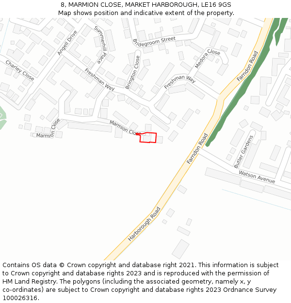 8, MARMION CLOSE, MARKET HARBOROUGH, LE16 9GS: Location map and indicative extent of plot