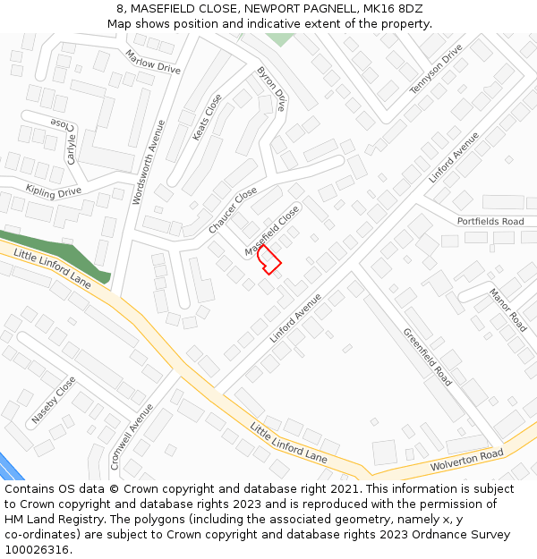 8, MASEFIELD CLOSE, NEWPORT PAGNELL, MK16 8DZ: Location map and indicative extent of plot
