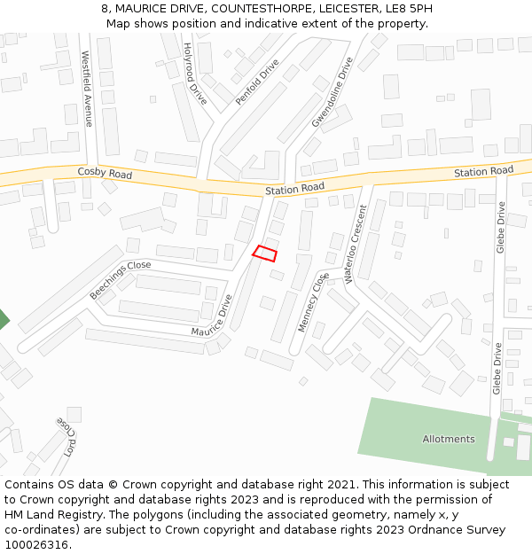 8, MAURICE DRIVE, COUNTESTHORPE, LEICESTER, LE8 5PH: Location map and indicative extent of plot