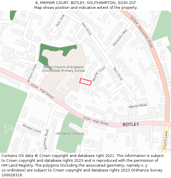 8, MAYFAIR COURT, BOTLEY, SOUTHAMPTON, SO30 2GT: Location map and indicative extent of plot