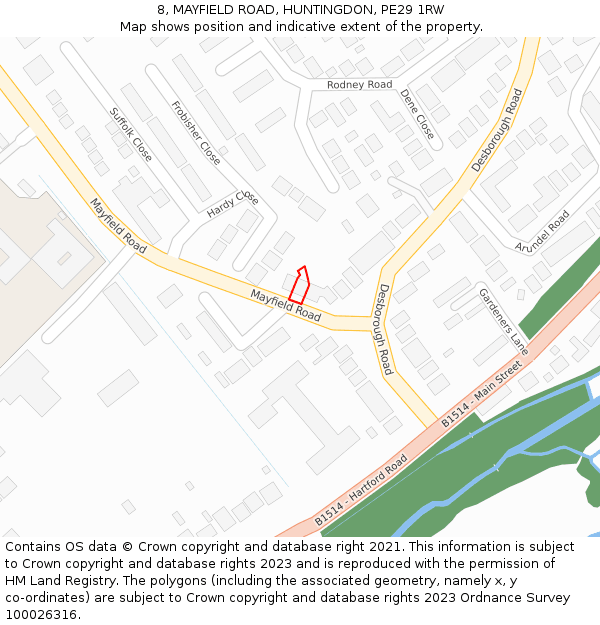 8, MAYFIELD ROAD, HUNTINGDON, PE29 1RW: Location map and indicative extent of plot