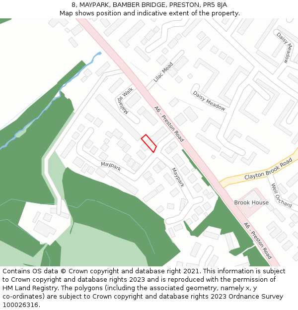 8, MAYPARK, BAMBER BRIDGE, PRESTON, PR5 8JA: Location map and indicative extent of plot