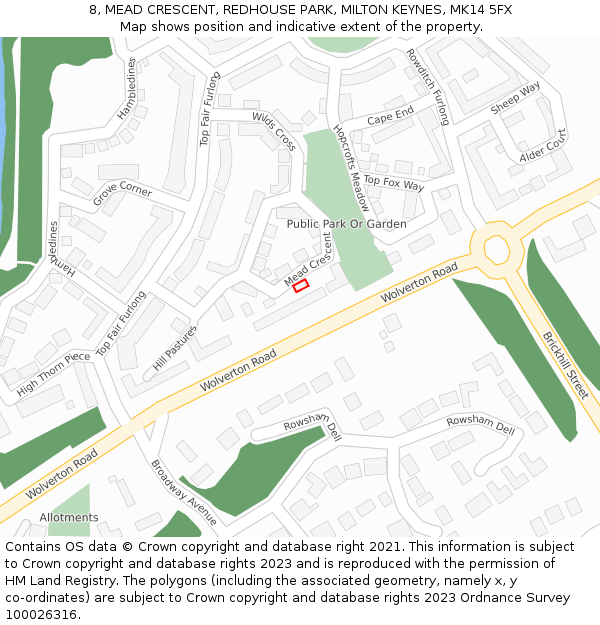 8, MEAD CRESCENT, REDHOUSE PARK, MILTON KEYNES, MK14 5FX: Location map and indicative extent of plot