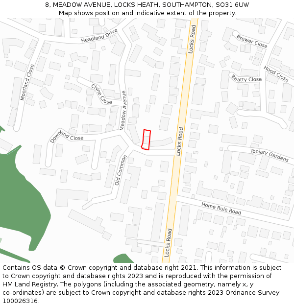 8, MEADOW AVENUE, LOCKS HEATH, SOUTHAMPTON, SO31 6UW: Location map and indicative extent of plot