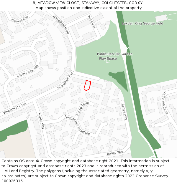 8, MEADOW VIEW CLOSE, STANWAY, COLCHESTER, CO3 0YL: Location map and indicative extent of plot