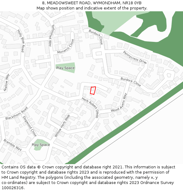 8, MEADOWSWEET ROAD, WYMONDHAM, NR18 0YB: Location map and indicative extent of plot