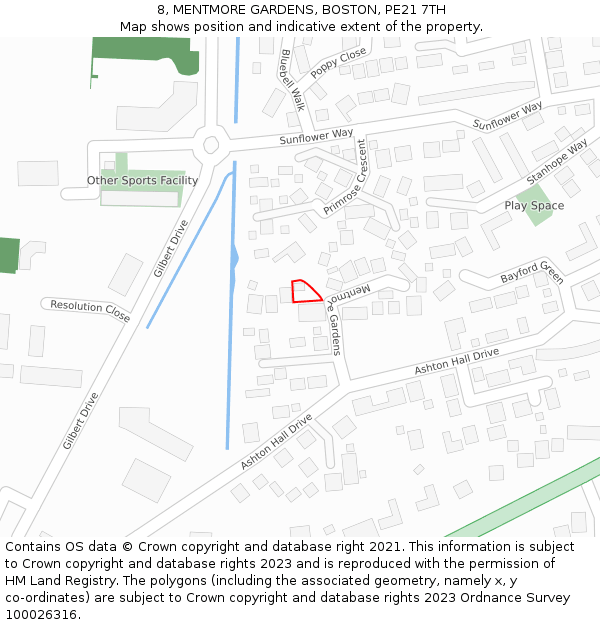 8, MENTMORE GARDENS, BOSTON, PE21 7TH: Location map and indicative extent of plot
