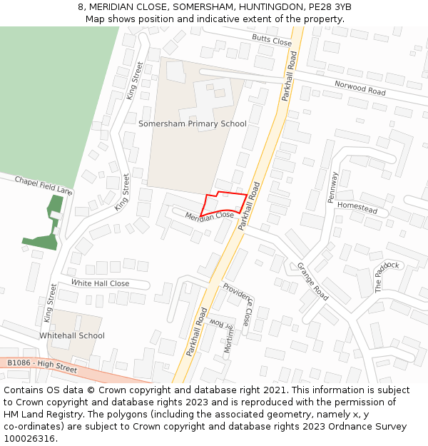 8, MERIDIAN CLOSE, SOMERSHAM, HUNTINGDON, PE28 3YB: Location map and indicative extent of plot